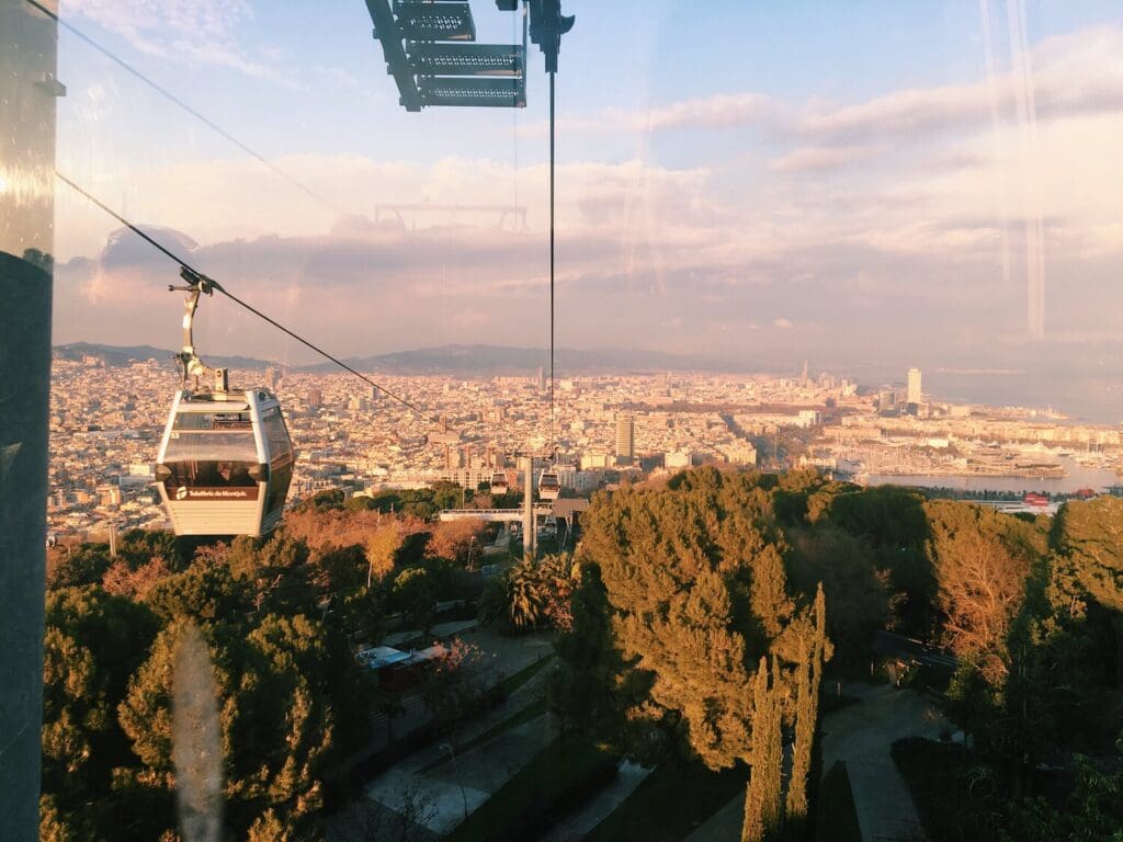 View from inside the cable car at Teleferic de Montjuic