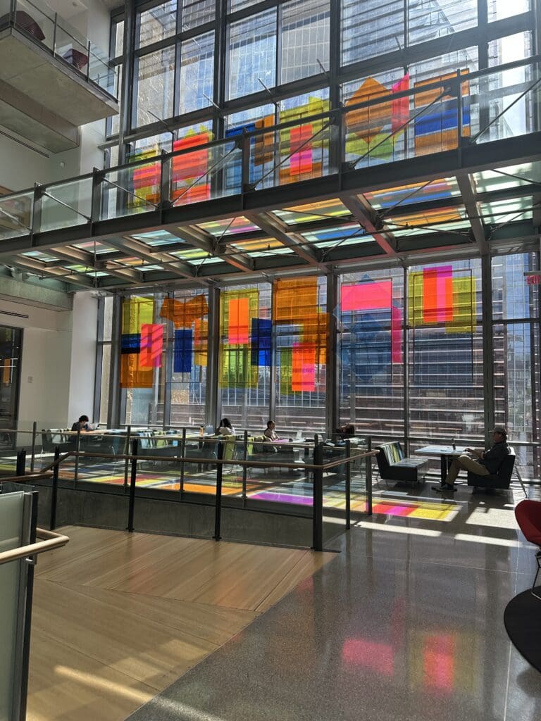 Colorful windows inside the Austin Public Library